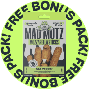 Package of Mad Mutz Mozzarella Sticks The Popper flavor with free bonus pack label around.