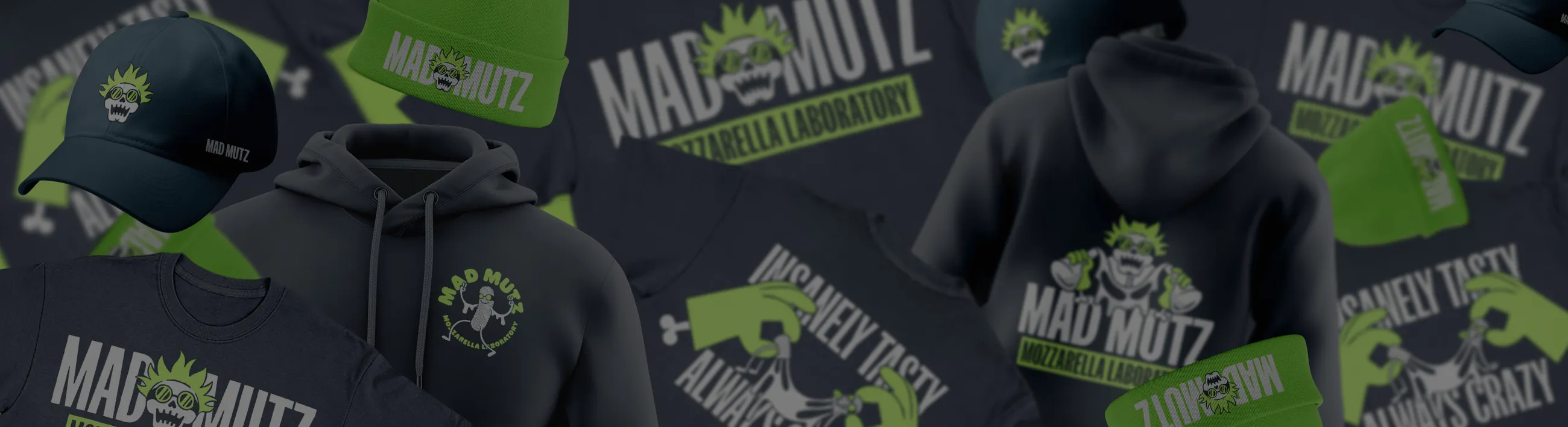 Collection of Mad Mutz branded apparel including hoodies, t-shirts, caps, and beanies in black and green colors.